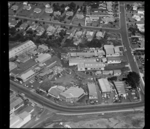 Factories in industrial area, Auckland, including Weldsteel and Frank Sutton Smash [repair shop?] and some residential houses