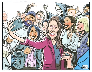 Jacinda Arden takes a selfie with a crowd that includes the Grim Reaper