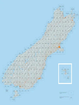 South Island combined Topo50 and 260 sheet index diagram.