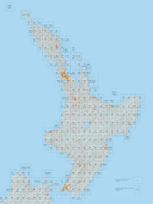 North Island combined Topo50 and 260 sheet index diagram.