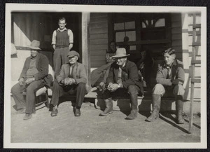 Five men at the Mangoutu Hotel, Waitangi, Chatham Island
