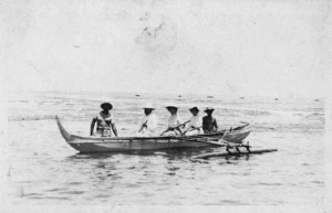 Group on an outrigger canoe at Banaba, Kiribati