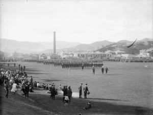 Scene in Newtown Park, Newtown, with a Dominion Day military procession