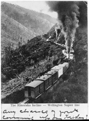 Fell engine and carriages ascending the Rimutaka Incline