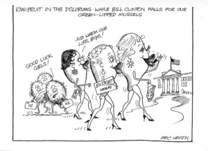 Heath, Eric Walmsley, 1923- :Kiwifruit in the doldrums while Bill Clinton falls for our green-lipped mussels; Good luck, girls! Just watch our lips, boys! Export orders [16 December 1992].