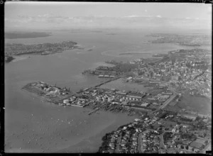 View of Westhaven and Saint Marys Bay with Viaduct Basin, Auckland City and waterfront, looking to Devonport and Aucklands' Harbour entrance