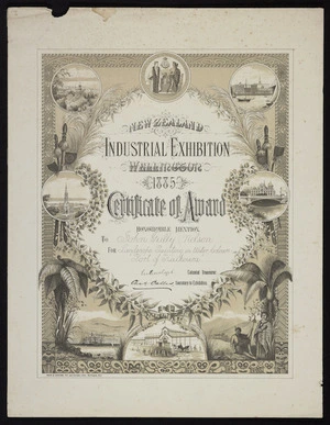 Bock & Cousins :New Zealand Industrial Exhibition, Wellington, 1885. Certificate of award, honourable mention to John Gully, Nelson for landscape painting in water colours 'Port of Kaikoura'. Bock & Cousins del and chromolith, Wellington, N.Z.