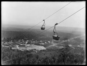 Buckets on the aerial tramway, with south shaft and town of Waiuta below