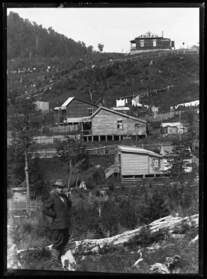 Cottages at the west end of Waiuta, with Joseph Divis in foreground, and house known as The Lighthouse on the skyline