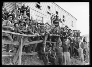 Group of miners outside Waiuta Miners Hall