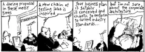 "A daring proposal in these messy times. A new chain of testing labs is inspired. Your business plan is suitably ill conceived and chaotic to conform to current industry standards... but I'm not sure about the corporate architecture" New Zealand Doctor, 26 September 2006