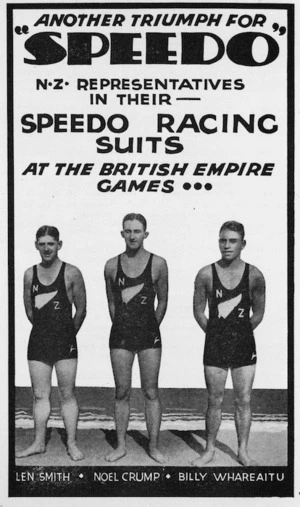 Another triumph for "Speedo". N.Z. representatives in their Speedo racing suits at the British Empire Games ... Len Smith, Noel Crump, Billy Whareaitu. [1935].