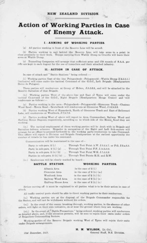 New Zealand Division :Action of working parties in case of enemy attack / H. M. Wilson, Lt-Col., General Staff, NZ Division. 21st December 1917.