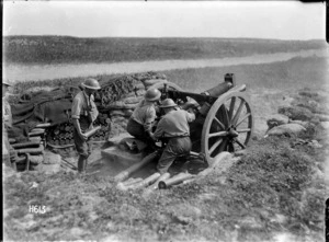 A New Zealand 18 pound gun in action at Beaussart, France, during World War I