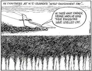 'As dignitaries jet in to celebrate 'World Environment Day'... "So that's what Parker means when he says their emissions have levelled off." 4 June, 2008