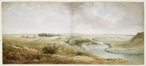 [Evans, Frederick John Owen] 1815-1885. Attributed works :Bluff, N[ew] Zealand, HMS Acheron, 1849. Plains near -- showing R B's surveying work with tent etc. 1849