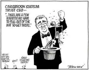 Carisbrook Stadium Trust CEO - "...There are a few rabbits we have to pull out of the hat to get there." "The old RCD will solve the problem!" "RCD?" "Rates collecting despots!" 2 December, 2008.
