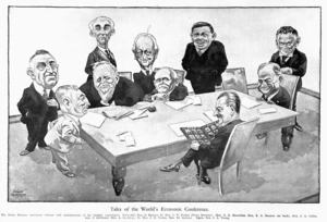 Peterson, Archibald Stuart, 1900-1976 :Tales of the World's economic conference; the Prime Minister entertains Cabinet with reminiscences of his London experiences. New Zealand free lance annual, October 16, 1933. Page 50.