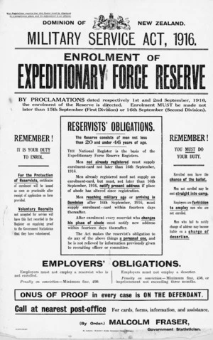 Dominion of New Zealand. Military Service Act, 1916. Enrolment of Expeditionary Force reserve. [September 1916].