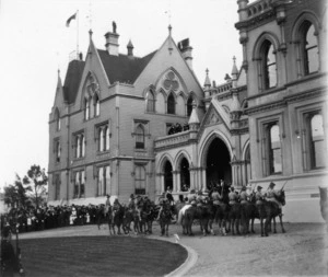 Mounted soldiers, outside Parliament Buildings