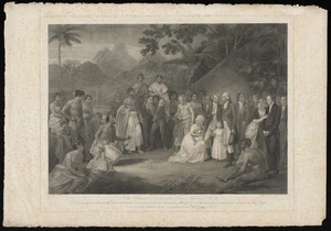 Smirke, Robert 1752-1845 :...The cession of the district of Matavai in the island of Otaheite to Captain James Wilson for the use of missionaries sent thither by [the London Missionary] Society in the ship Duff. Engraved by F Bartolozzi; painted by R. Smirke. London 1803
