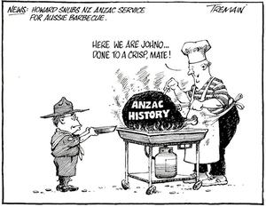 Tremain, Garrick, 1941- :News. Howard snubs NZ ANZAC service for Aussie barbecue, Otago Daily Times, 24 April 2005.