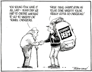 Tremain, Garrick, 1941- :"You young folk have it all, lad - in my day we had to choose whether to go to varsity or travel overseas." Otago Daily Times, 9 June 2005.