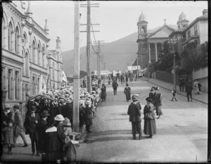 St Mary's College pupils and other people gathered in Hill Street, Wellington