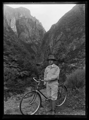 Joseph Divis with bicycle in Karangahake Gorge