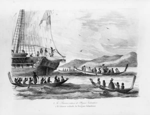 [Sainson, Louis Auguste de], b. 1800 :Le schooner entoure de pirogues Zelandaises. [1839].