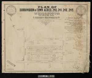 Plan of subdivision of town acres 240, 241, 248, 249, known as the property of the Hon John Martin MLC Wellington : to be sold at public auction by T. Kennedy MacDonald & Co, at the Exchange Land & Mercantile auction rooms, on Wednesday, 19 September 1883 at 2 o'clock, p.m. / surveyed by R. Mangles Ki[ng].