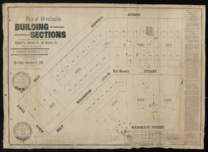 Plan of 49 valuable building sections : being the subdivision of town acres nos. 685, 686, 687, 688, 689, & 692, Bidwell St., Rolleston St., and Hargrave St. : to be sold by auction by T. Kennedy MacDonald & Co, in the Exchange Land & Mercantile auction rooms, Panama Street on Friday, December 10, 1886 at 2 o'clock, p.m.