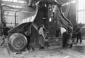 Using a 40 cwt pneumatic power hammer during locomotive construction, railway workshops, Lower Hutt
