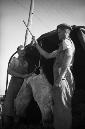 Two soldiers weighing carcasses, Italy