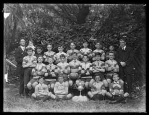Group portrait of the Port Chalmers District High School Rugby Football Team, 1918.