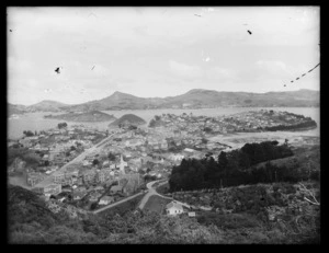 View from hill above Port Chalmers, overlooking the township, part of Otago Harbour, and Quarantine Island.