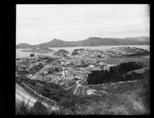 View from hill above Port Chalmers, overlooking the township, part of Otago Harbour, and Quarantine Island.