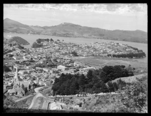 View from hill above Port Chalmers, overlooking the township, with large playing field centre right, and part of Otago Harbour.