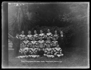 Group portrait of the Port Chalmers Football Team, Third grade, Season 1915.