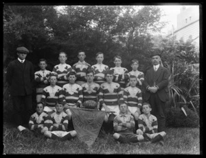 Group portrait of the Port Chalmers District High School, Senior Football Team, 1911.