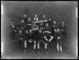 Group portrait of a rugby football team, possibly at Port Chalmers or Dunedin.