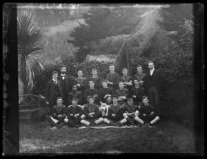 Group portrait of a rugby football team in 1902, possibly at Port Chalmers or Dunedin.