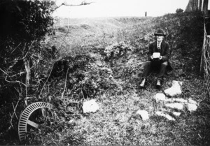 Mr Rod McDonald at site of Maori flour mill at Porotawhao, Waitarere Stream