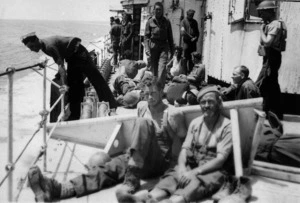Soldiers of the 19th Battalion that were evacuated from Crete, at sea, on board a Destroyer