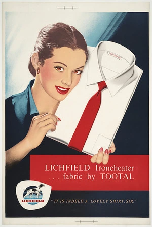 Lichfield International Ltd (Firm) :Lichfield ironcheater ... fabric by Tootal. Lichfield - "It is indeed a lovely shirt, sir!" [ca 1950]