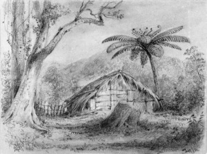 Swainson, William, 1789-1855 :Native hutt near Hawkshead, N.Z.d. 1847.