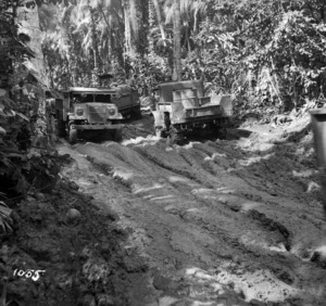 Army vehicles of the New Zealand Expeditionary Force on a muddy road in the bush, Vella Lavella Island, Solomon Islands