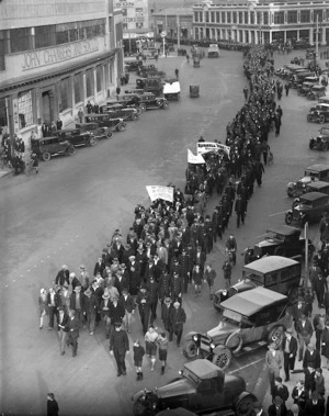 Procession of unemployed workers marching along Jervois Quay and Wakefield Street, Wellington