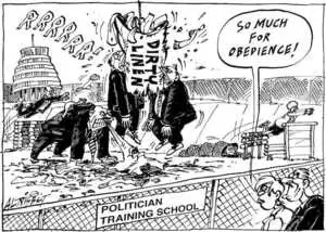 Nisbet, Al 1958- : Politician Training School. Dirty Linen. 'RRRRRR!' 'So much for obedience!' Christchurch Press, 18 July 2001.