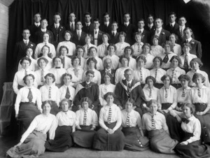 A group of men and women , with three Professors, at Teachers' Training College, Auckland
